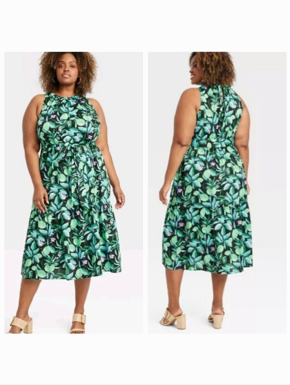 AVA & VIV SLEEVELESS MIDI DRESS BELTED TIERED POCKETS TROPICAL FLORAL SUMMER 2X
